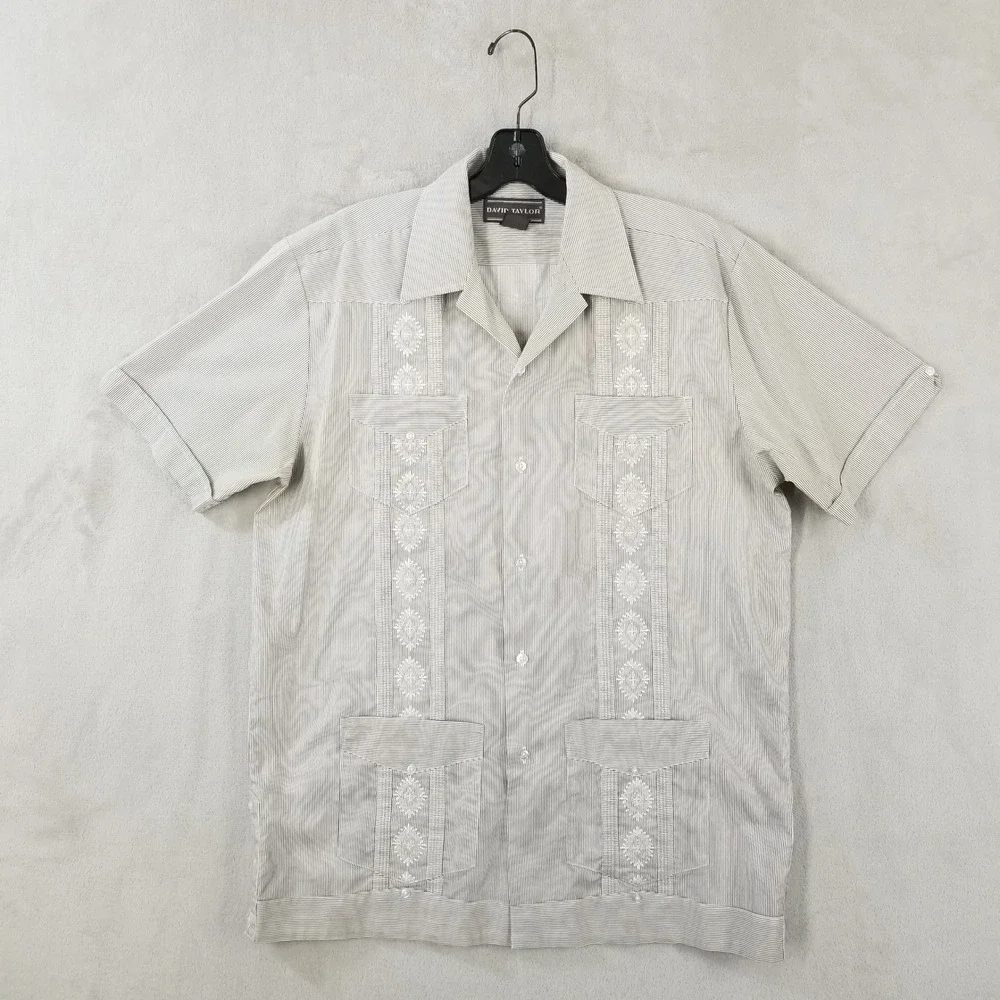Vtg David Taylor Guayabera Shirt M Gray White Striped Embroidered Camp‎ Sears